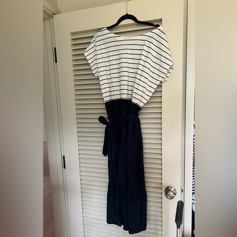 J. Jill Nautical Stripe + Navy Tiered Midi Dress – Size Large (NWOT)